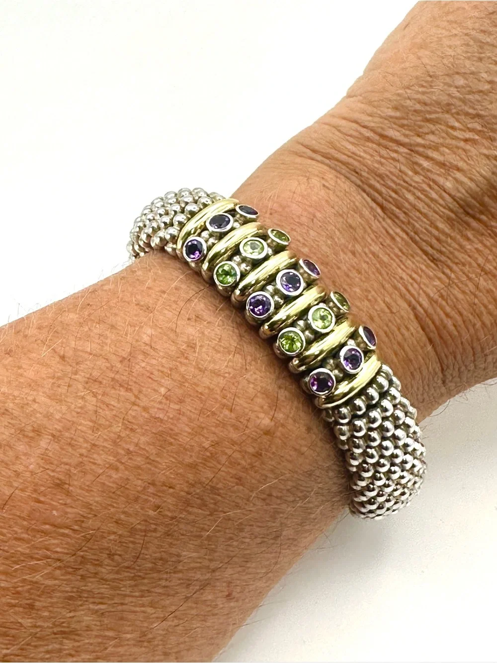 Lagos Caviar Amethyst, Peridot Gemstone Two Tone Central Station Bracelet